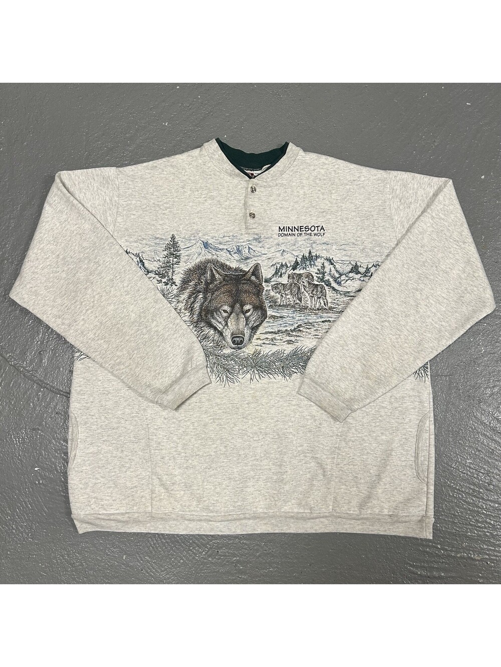 VINTAGE 90s Minnesota Domain of the Wolf Nature Henley Sweatshirt AOP Size 3XL